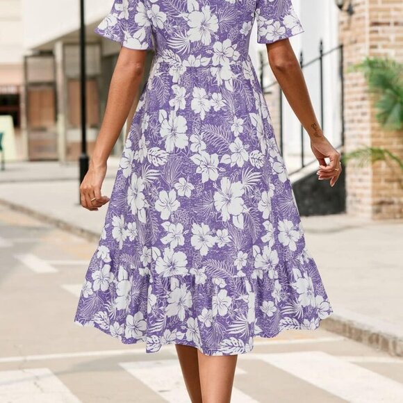 Women's Summer 2025 Casual Short Sleeve Tiered Flowy Spring Dress Long Midi Beac - Picture 3 of 5